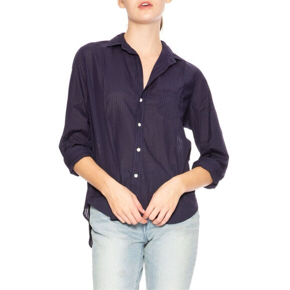 Frank & Eileen Eileen Poplin Sheer Button Down Blouse in Navy Stripe Medium - Picture 1 of 6